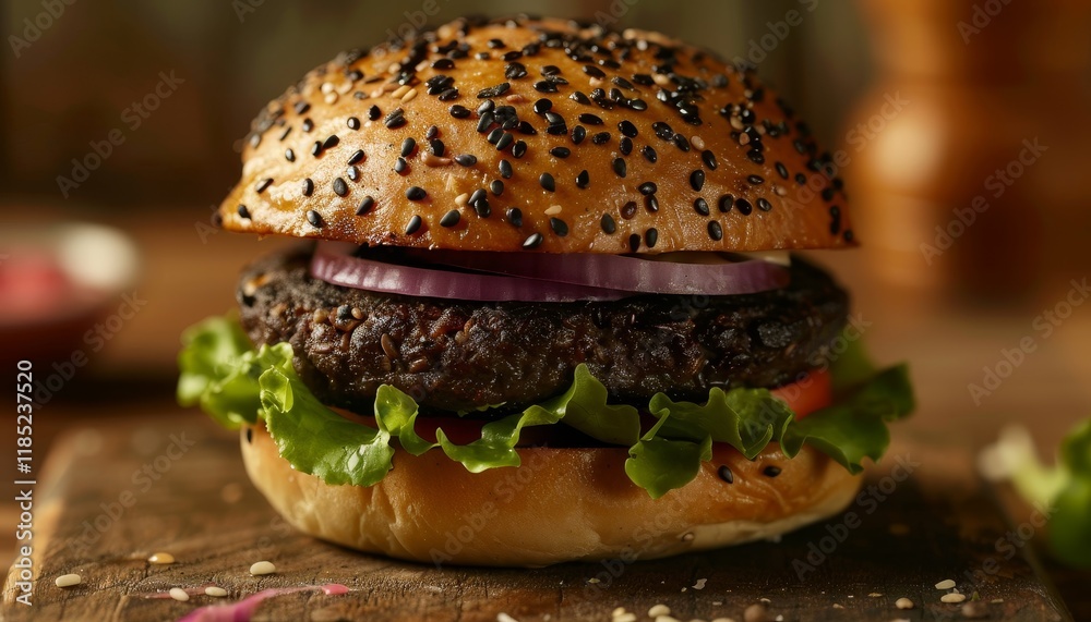 Wall mural Close-up of a juicy burger with lettuce, tomato, and onion on a sesame seed bun.