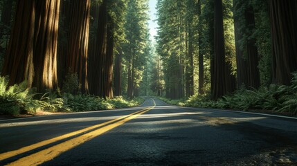 Obraz premium Road to Redwood Forest: A scenic road winds through a majestic redwood forest, sunlight dappling through the towering trees, creating a mystical and awe-inspiring atmosphere. 