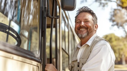Smiling Safari Guide: A friendly safari guide with a warm smile and a weathered face, welcoming guests aboard a safari vehicle, ready for an unforgettable adventure in the African wilderness.