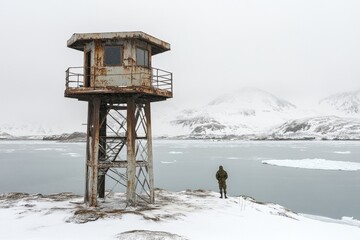 Abandoned Lookout Tower on a Frosty Shoreline with a Solitary Figure Against a Backdrop of Snow-Covered Mountains and Icy Waters in a Remote Landscape