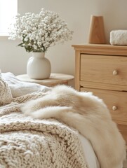 Cozy Bedroom Setting Featuring Knit Blanket and Fur Throw