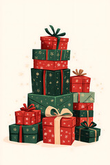 A festive stack of colorful wrapped gifts in red and green, adorned with bows and decorations.