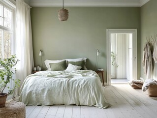 Serene Green Bedroom With Linen Bedding And Whitewashed Floor