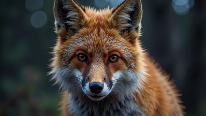 Fototapeta premium A vibrant red-orange fox gazing directly at the camera, with warm, honey-brown eyes set against a backdrop of lush foliage