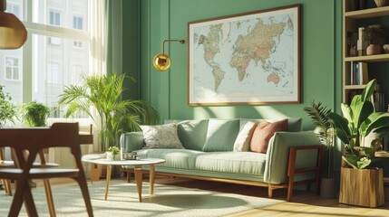 Fototapeta premium a living room with a couch, table, and a map