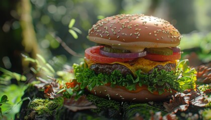 A delicious burger with cheese, tomato, onion, and pickles, set on a mossy log in a lush green forest.