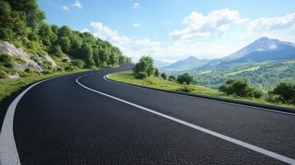 The Open Road Awaits: A winding asphalt road cuts through a picturesque mountain valley, leading towards a horizon filled with lush greenery and majestic peaks.