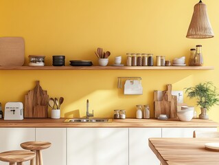 Modern Kitchen With Yellow Walls And Wooden Accents