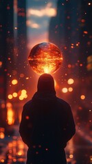 Person standing in city at night with glowing sphere above head.