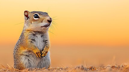 A cute ground squirrel sits upright, gazing upward against a warm sunset backdrop.
