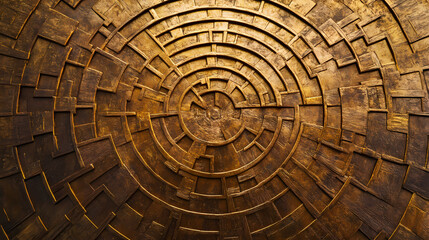 Fototapeta premium Intricate circular maze carved into aged, gold-toned wood; symbolizing challenge, path, journey, and solution. Sunglow. Illustration