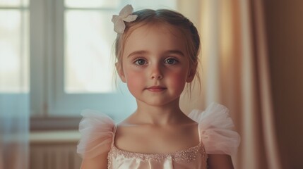 Little Ballerina's Dream: A young ballerina with a delicate pink tutu and a white bow in her hair gazes with a sweet seriousness, as if lost in thought about the world of dance she dreams of.  