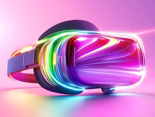 Futuristic VR headset with vibrant neon lights, isolated on pink background.