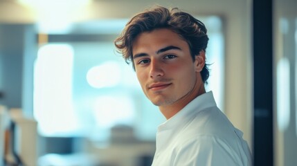 Obraz premium Confident and Composed: A young man with a warm, inviting smile and a confident gaze, exudes a sense of calmness and determination, captured in a candid moment.