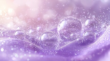 Close-Up of Glimmering Transparent Bubbles on Subtle Wave Patterns with Soft Purple and Pink Light Reflections Creating an Ethereal Atmosphere