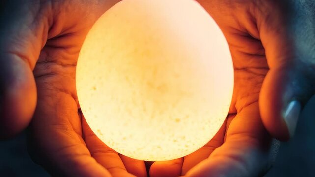 Close up of glowing egg in hands, radiating warmth and potential, as soft light enhances its organic texture and creates serene atmosphere in nature.