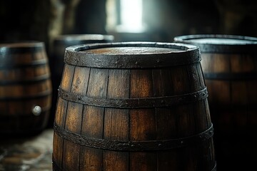 Fototapeta premium Rustic Wooden Barrels in Cellar for Wine Aging and Craft Beverage Production