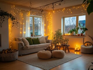 Cozy Living Room Decorated With Lights And Plants