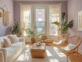 Sunlit Living Room with Beige Sofa and Rattan Chairs
