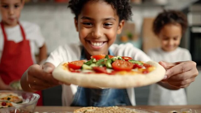 Happy family cooking together in kitchen, preparing delicious pizza topped with fresh tomatoes and vegetables, creating joyful moments for children.