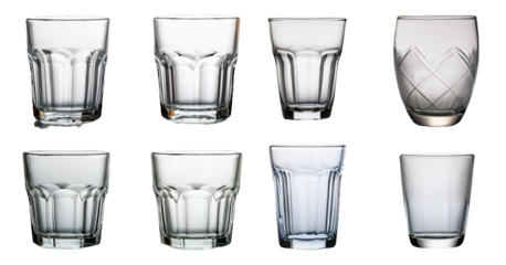 Set of crystal drinking glasses in different styles isolated on transparent background
