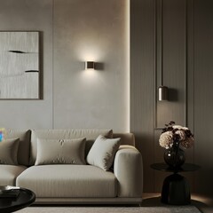 Minimalist living room, neutral tones, beige sofa, abstract geometric artwork, wall sconce lighting, ceramic vase with dried flowers, modern interior design, soft shadows, textured walls, monochromati