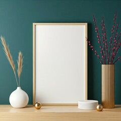 Empty Frame Decorated with Natural Elements Against a Teal Wall