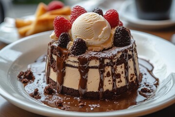 Chocolate Cake and Ice Cream Dessert with Chocolate Sauce and Marshmallows