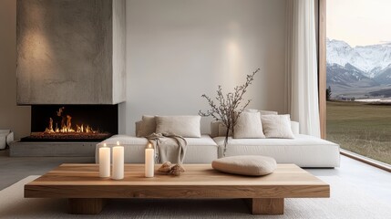 cozy living room, minimalist design, neutral tones, fireplace, wooden coffee table, candles, soft lighting, white sofa, beige pillows, modern interior, hygge atmosphere, clean lines, warm ambiance, el