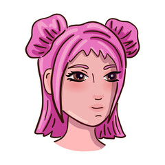 Cute female person head with pink hair. Vector illustration.