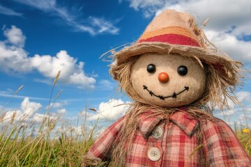 Charming Scarecrow in a Grassy Field Under a Clear Blue Sky with Fluffy Clouds, Perfect for Capturing the Essence of Rural Life and Nature's Tranquility