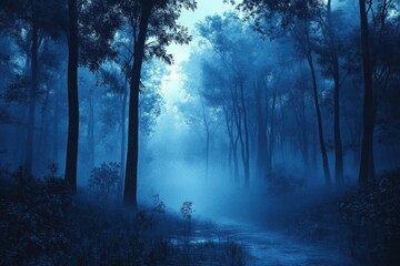 Naklejka premium Mysterious Dark Blue Forest Enshrouded in Fog with Tall Trees and Ethereal Lighting
