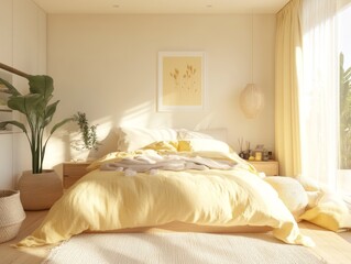 Sunlit Bedroom With Yellow Bedding And Natural Decor