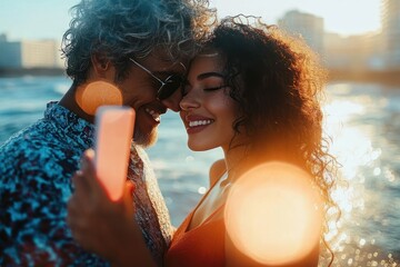 Happy couple taking a selfie by the beach during vacation in Bahia