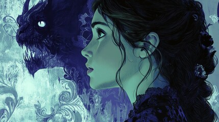 Fototapeta premium A young woman's profile viewed with a hauntingly ethereal shadow, embodying a mysterious atmosphere that blurs the line between fantasy and reality.