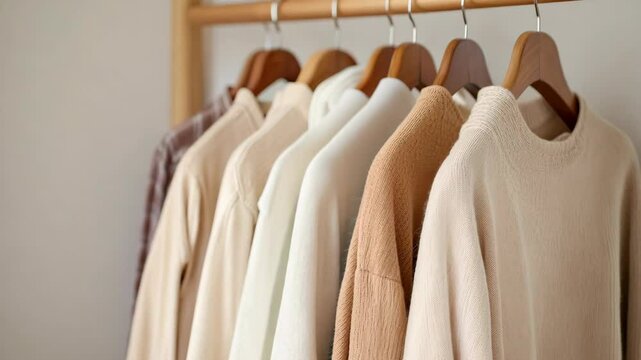 Cozy Neutral Sweaters Hanging on Wooden Rack Embrace Fashion with Textures and Warmth for Your Wardrobe
