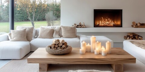 cozy living room, minimalist design, neutral tones, fireplace, wooden coffee table, candles, soft lighting, white sofa, beige pillows, modern interior, hygge atmosphere, clean lines, warm ambiance, el