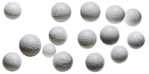 Collection of white golf balls in various angles isolated on transparent background