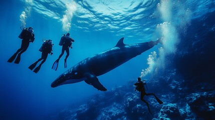 Divers observing a whale underwater in the ocean.