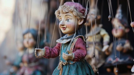 A close-up of intricately designed marionette puppets hanging in a display.