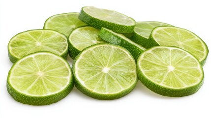 a pile of limes cut in half on a white surface