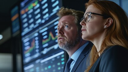 Data Driven Decisions: Two business professionals, a man and a woman, stare intently at a wall of data screens displaying complex financial charts and graphs.