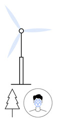 Wind turbine with spinning blades, tree outline, and facial recognition icon. Ideal for themes thumbs up sustainability, AI, renewable energy, biometrics, technology, environment abstract line flat