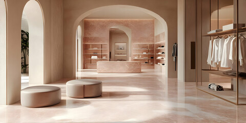 Modern retail space featuring minimalist design and soft pastel tones.