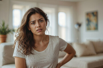 Naklejka premium Portrait of unhappy Italian woman with long hair is sitting on a couch in a living room, she is looking at something and she is very depressed
