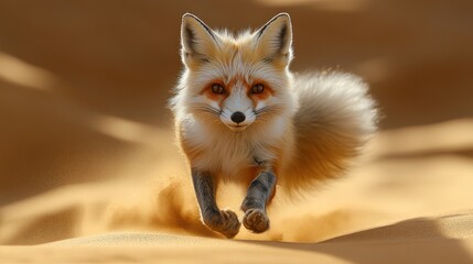 Obraz premium Red fox running in desert sand, sunlit.