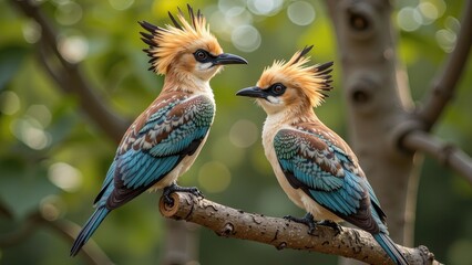 Fototapeta premium A vibrant duo perches on a branch, beaks inches apart, as one bird's bright orange-yellow head turns to gaze at its matching counterpart with a sleek black beak