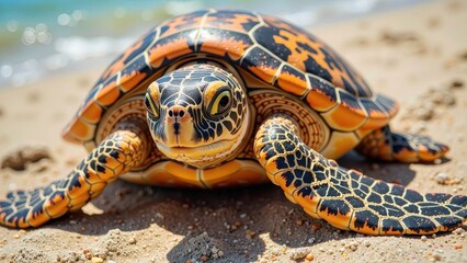 Fototapeta premium A vibrant, orange-and-black hawksbill sea turtle emerges from the waves, its distinctive hexagonal shell glistening on a pristine sandy beach
