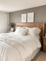 Modern Bedroom Featuring White Bedding and Wooden Headboard