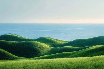 Obraz premium Tranquil rolling green hills and calm ocean landscape under soft morning light
